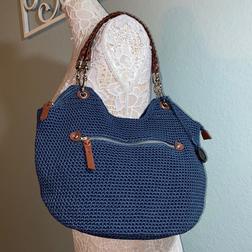 THE Sak Slate Blue Woven Crochet Shoulder Bag.